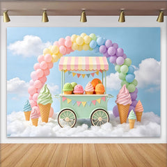 Lofaris Toile de fond anniversaire chariot de glaces pastel et ballons, décor de fête d'enfants sur nuages pour studio photo