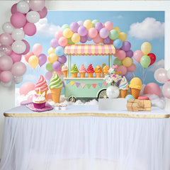 Lofaris Toile de fond anniversaire chariot de glaces et ballons pastel, décor gourmand avec macarons pour séance photo de fête