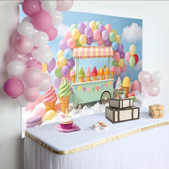 Lofaris Toile de fond anniversaire chariot de glaces et ballons pastel, décor gourmand avec macarons pour séance photo de fête
