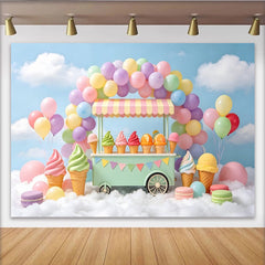 Lofaris Toile de fond anniversaire chariot de glaces et ballons pastel, décor gourmand avec macarons pour séance photo de fête