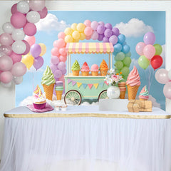 Lofaris Toile de fond pour anniversaire avec chariot de glaces et ballons arc-en-ciel, magnifique décor de fête pour studio photo