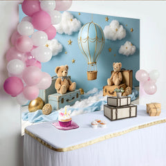 Lofaris Toile de fond bleue montgolfière et ours en peluche pour baby shower, magnifique décor de rêve avec nuages et étoiles pour studio photo