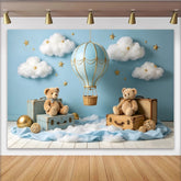 Lofaris Toile de fond bleue montgolfière et ours en peluche pour baby shower, magnifique décor de rêve avec nuages et étoiles pour studio photo