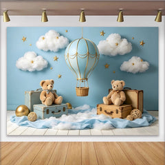 Lofaris Toile de fond bleue montgolfière et ours en peluche pour baby shower, magnifique décor de rêve avec nuages et étoiles pour studio photo