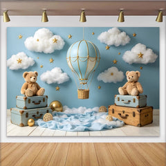 Lofaris Toile de fond de photographie montgolfière et oursons, décor de rêve bleu ciel avec nuages et étoiles pour bébé