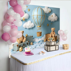 Lofaris Toile de fond bleu ciel montgolfière et ours en peluche pour baby shower, magnifique arrière-plan de rêve avec valises vintage