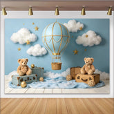 Lofaris Toile de fond bleu ciel montgolfière et ours en peluche pour baby shower, magnifique arrière-plan de rêve avec valises vintage
