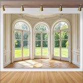 Lofaris Toile de fond de photographie d'intérieur élégant avec fenêtres arquées et jardin, magnifique arrière-plan lumineux pour studio photo