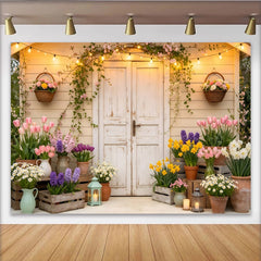 Lofaris Toile de fond de photographie jardin fleuri avec porte rustique et lumières, magnifique arrière-plan printanier pour studio photo