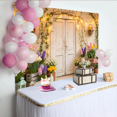 Lofaris Toile de fond de photographie printemps floral avec porte rustique, magnifique arrière-plan de jardin fleuri pour studio photo