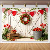 Lofaris Toile de fond de photographie ferme aux fraises et porte de grange, décor printanier avec guirlande pour séance photo