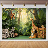 Lofaris Toile de fond pour baby shower safari jungle avec animaux et feuillage vert luxuriant, pour photographie d'enfants et décoration