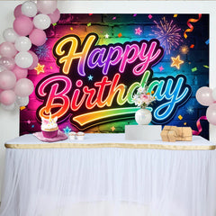 Lofaris Toile de fond joyeux anniversaire néon coloré sur mur de briques, arrière-plan lumineux avec confettis pour studio photo