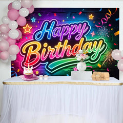 Lofaris Toile de fond néon joyeux anniversaire colorée avec confettis, magnifique arrière-plan pour studio photo et fête
