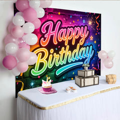 Lofaris Toile de fond joyeux anniversaire néon aux couleurs vives et confettis, arrière-plan lumineux pour fête et studio photo