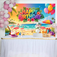 Lofaris Toile de fond Joyeux Anniversaire tropical flamant et palmiers, décor de fête coloré avec ballons et cadeaux pour séance photo