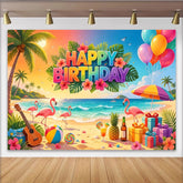 Lofaris Toile de fond Joyeux Anniversaire tropical flamant et palmiers, décor de fête coloré avec ballons et cadeaux pour séance photo