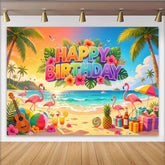 Lofaris Toile de fond joyeux anniversaire tropical avec flamants roses et palmiers, magnifique décor de plage pour fête d'été et studio photo