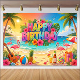 Lofaris Toile de fond joyeux anniversaire tropicale avec flamants roses et plage, magnifique décor d'été pour studio photo et célébration