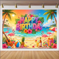 Lofaris Toile de fond joyeux anniversaire tropicale avec flamants roses et plage, magnifique décor d'été pour studio photo et célébration