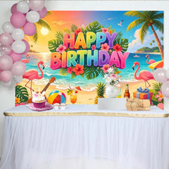 Lofaris Toile de fond joyeux anniversaire tropicale avec flamants roses et plage, magnifique arrière-plan d'été pour fête et studio photo