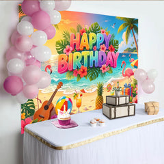 Lofaris Toile de fond joyeux anniversaire tropicale avec flamants roses et plage, magnifique arrière-plan d'été pour fête et studio photo