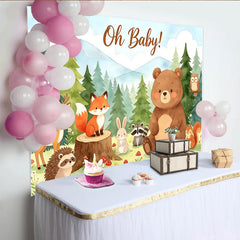 Lofaris Toile de fond pour baby shower animaux de la forêt avec ours renard et cerf, magnifique arrière-plan aquarelle oh baby