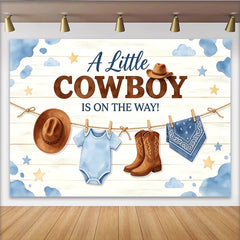 Lofaris Toile de fond pour baby shower garçon thème cowboy avec bottes et chapeaux, arrière-plan western nuages et étoiles pour fête prénatale