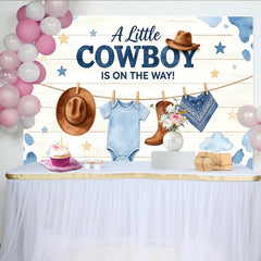 Lofaris Toile de fond pour baby shower cowboy avec chapeau et bottes, arrière-plan de fête de naissance garçon en bois