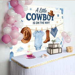 Lofaris Toile de fond pour baby shower cowboy avec chapeau et bottes, arrière-plan de fête de naissance garçon en bois