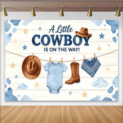 Lofaris Toile de fond pour baby shower cowboy avec chapeau et bottes, arrière-plan de fête de naissance garçon en bois