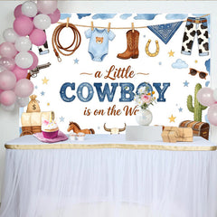 Lofaris Toile de fond pour baby shower thème cowboy avec bottes et chapeau, arrière-plan western bleu et marron pour studio photo
