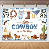 Lofaris Toile de fond pour baby shower thème cowboy avec bottes et chapeau, arrière-plan western bleu et marron pour studio photo