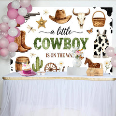 Lofaris Toile de fond baby shower cowboy avec bottes, chapeau et imprimé vache, décor western pour garçon et séance photo