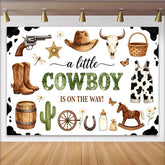 Lofaris Toile de fond baby shower cowboy avec bottes, chapeau et imprimé vache, décor western pour garçon et séance photo