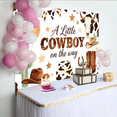 Lofaris Toile de fond pour baby shower cowboy avec chapeaux, bottes et imprimé vache, magnifique arrière-plan rustique pour la fête d'un garçon