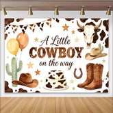 Lofaris Toile de fond pour baby shower cowboy avec chapeaux, bottes et imprimé vache, magnifique arrière-plan rustique pour la fête d'un garçon