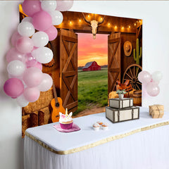 Lofaris Toile de fond de photographie western avec grange ouverte et coucher de soleil, décor rustique de ferme et accessoires de cowboy