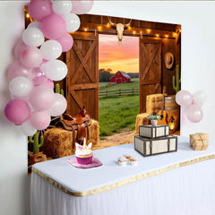 Lofaris Toile de fond de photographie western avec grange rustique et coucher de soleil, magnifique arrière-plan de studio pour décor de ferme