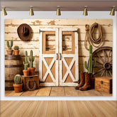 Lofaris Toile de fond de photographie western rustique porte de grange, arrière-plan de studio avec cactus, chapeau et bottes de cowboy