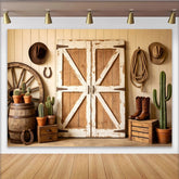 Lofaris Toile de fond de photographie western avec portes de grange en bois vieilli et cactus, arrière-plan rustique pour studio photo