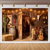 Lofaris Toile de fond de photographie grange western avec cheval, arrière-plan rustique avec foin, cactus et guitare pour studio photo