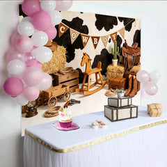 Lofaris Toile de fond pour anniversaire cowboy avec motif peau de vache et foin, décor rustique pour studio photo et fête à thème western