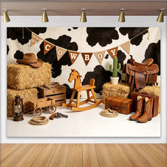 Lofaris Toile de fond pour anniversaire cowboy avec motif peau de vache et foin, décor rustique pour studio photo et fête à thème western