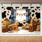 Lofaris Toile de fond de photographie western imprimé vache et foin, arrière-plan rustique pour studio photo ou fête à thème