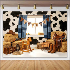 Lofaris Toile de fond de photographie western imprimé vache et foin, arrière-plan rustique pour studio photo ou fête à thème