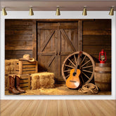 Lofaris Toile de fond de photographie western grange en bois, arrière-plan rustique avec bottes de cowboy, guitare et roue de chariot