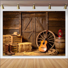 Lofaris Toile de fond de photographie western grange en bois, arrière-plan rustique avec bottes de cowboy, guitare et roue de chariot