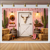 Lofaris Toile de fond de photographie ranch rose avec cactus et bottes de cowboy, arrière-plan rustique pour studio photo et événements