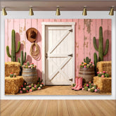 Lofaris Toile de fond de photographie western rustique avec porte de grange et cactus, arrière-plan rose délavé pour studio photo